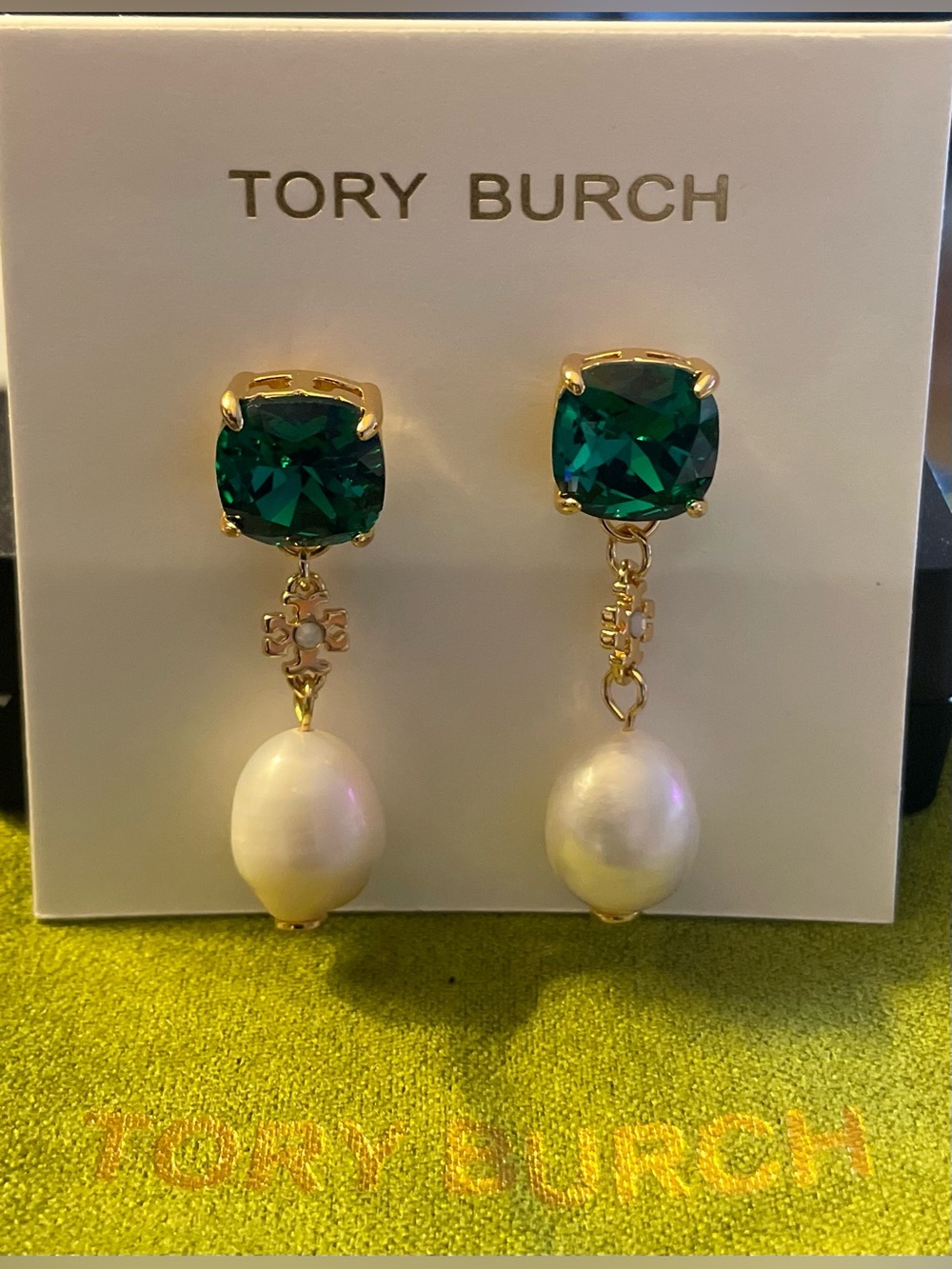 Tory Burch Gold-Tone Earrings with Emerald Green Crystals & Pearl Drops